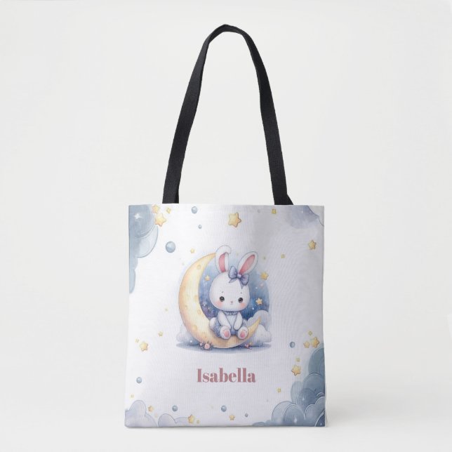 cute white little bunny sitting on the moon tote bag (Front)