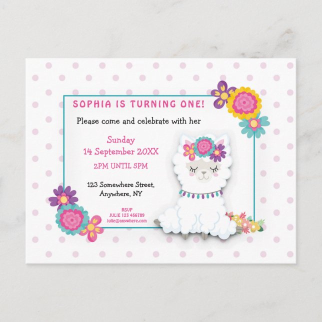Cute White Llama Dots First Birthday Invitation Postcard (Front)