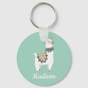 Cute White Llama Mint Green Monogram Name Key Ring