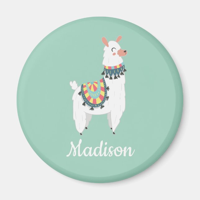 Cute White Llama Mint Green Monogram Name Magnet (Front)