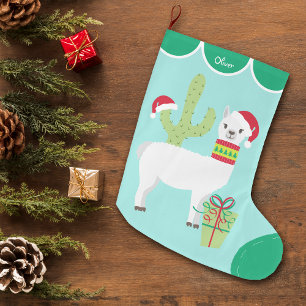 Cute White Llama Santa Hat Large Christmas Stocking