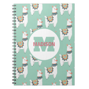 Cute White Llamas Mint Green Monogram Name Initial Notebook