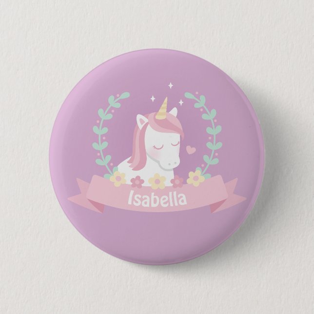 Cute White Magical Unicorn Flowers Girls Button (Front)