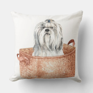 CUTE WHITE MALTESE DOG IN BROWN BASKET CUSHION