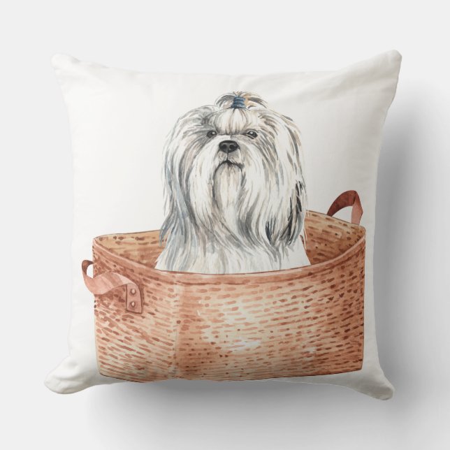 CUTE WHITE MALTESE DOG IN BROWN BASKET CUSHION (Front)