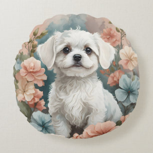 Cute White Maltese Puppy Round Cushion
