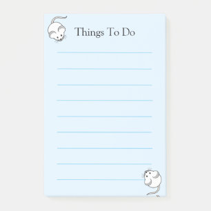 Cute white mice on light blue lined post-it notes