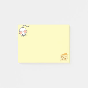 Cute white mouse & cheese on yellow post-it notes