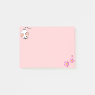 Cute white mouse & pink flowers on pink post-it notes