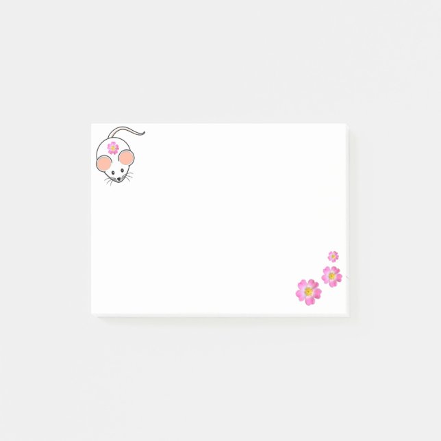 Cute white mouse & pink flowers on white post-it notes (Front)
