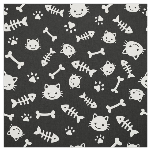 Cute White on Black Cat Bones Fish Paw Pattern Fabric (Swatch)