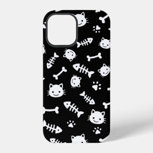 Cute White on Black Cat Bones Fish Paw Pattern iPhone 12 Case