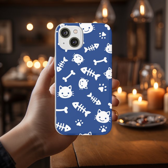 Cute White on Blue Cat Bones Fish Paw Pattern Case-Mate iPhone Case (Creator Uploaded)
