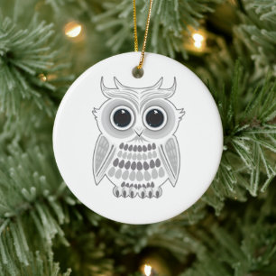 Cute White Owl Big Eyes Winter Woodland Holiday Ceramic Ornament