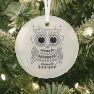 Cute White Owl Big Eyes Winter Woodland Holiday Glass Tree Decoration