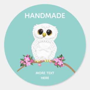 Cute White Owl on Light Teal Handmade Classic Round Sticker