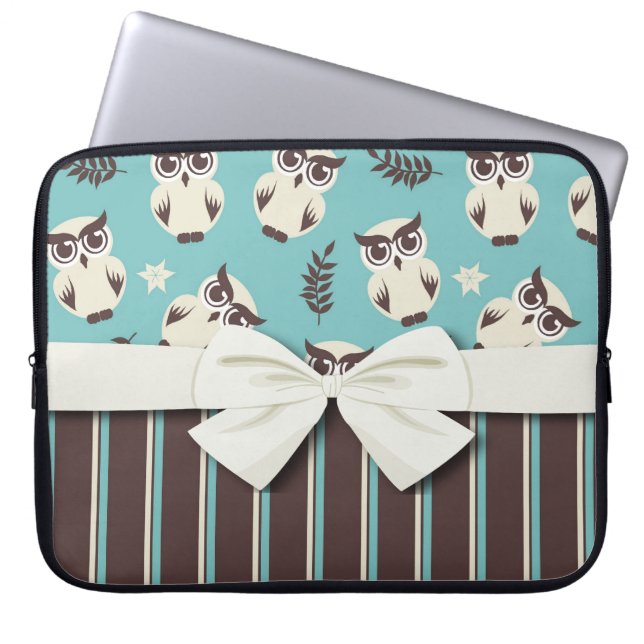 cute white owl pattern and stripes laptop sleeve (Front)