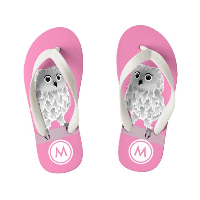 Cute White Owl Pink Girls Monogram Kid's Thongs (Footbed)