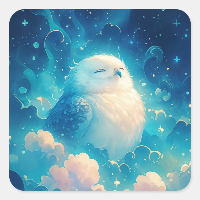 Cute White Owl Sleeping in Ethereal Blue Clouds Square Sticker (Front)