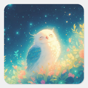 Cute White Owl Sleeping in Glowing Midnight Garden Square Sticker