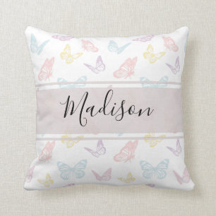 Cute White Pastel Butterfly Pattern Monogrammed Cushion