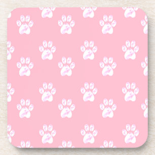 Cute white paw pattern on pink coaster