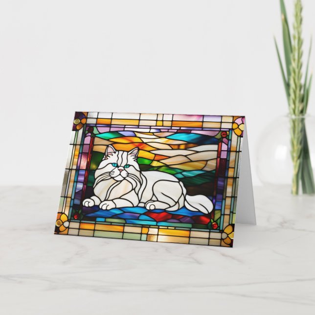 Cute White Persian Cat Stained Glass Card (Front)