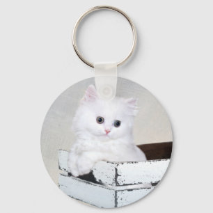 Cute White Persian Kitten Key Ring