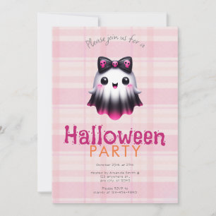 Cute White Pink Black Ghost Skulls Halloween Party Invitation