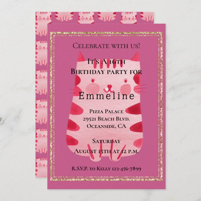 Cute White Pink Cat Gold Glitter 16th Birthday Invitation (Front/Back)