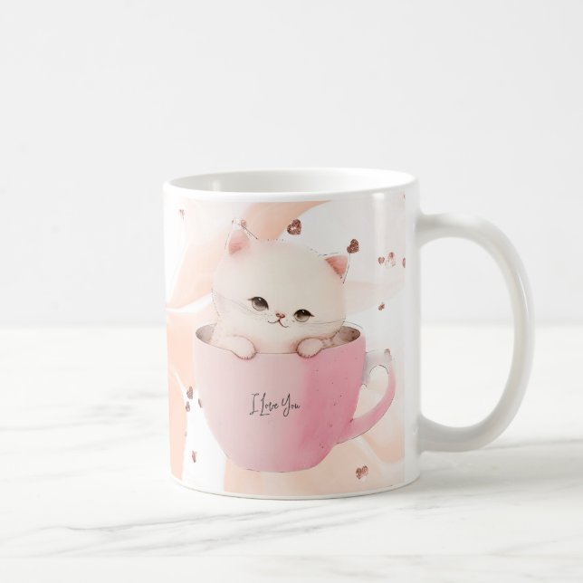 Cute White-Pink Cat in a Tea Cup (Right)