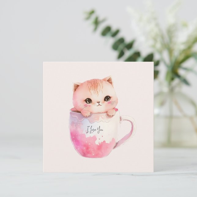 Cute White-Pink Cat in a Tea Cup (2) (Standing Front)