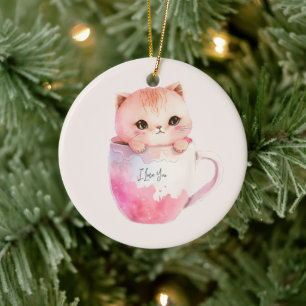 Cute White-Pink Cat in a Tea Cup (2) Ceramic Ornament