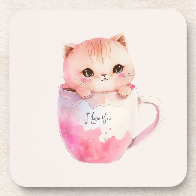 Cute White-Pink Cat in a Tea Cup (2) Coaster (Front)