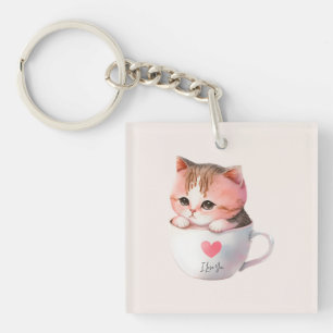 Cute White-Pink Cat in a Tea Cup (2) Key Ring