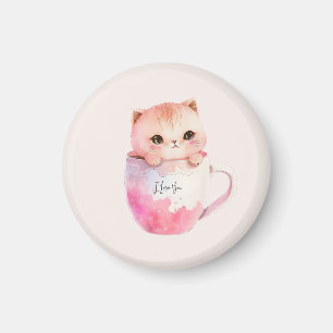Cute White-Pink Cat in a Tea Cup (2) Magnet