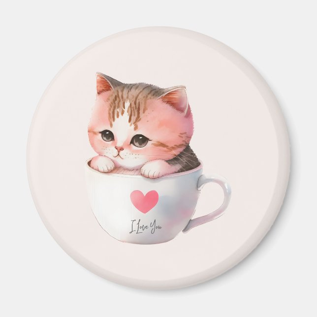 Cute White-Pink Cat in a Tea Cup (2) Magnet (Front)