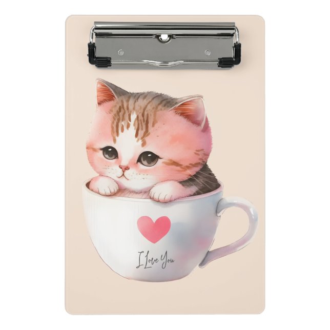 Cute White-Pink Cat in a Tea Cup (2) Mini Clipboard (Front)