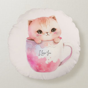 Cute White-Pink Cat in a Tea Cup (2) Round Cushion