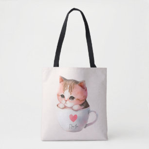 Cute White-Pink Cat in a Tea Cup (2) Tote Bag