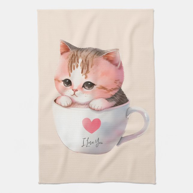 Cute White-Pink Cat in a Tea Cup (2) Towel (Vertical)