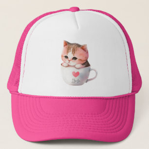Cute White-Pink Cat in a Tea Cup (2) Trucker Hat