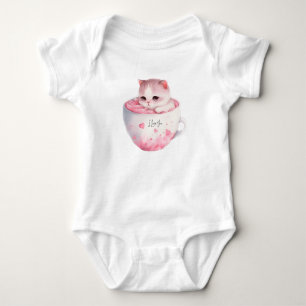 Cute White-Pink Cat in a Tea Cup (3) Baby Bodysuit