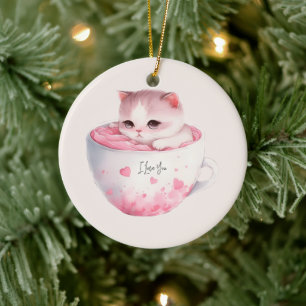 Cute White-Pink Cat in a Tea Cup (3) Ceramic Ornament