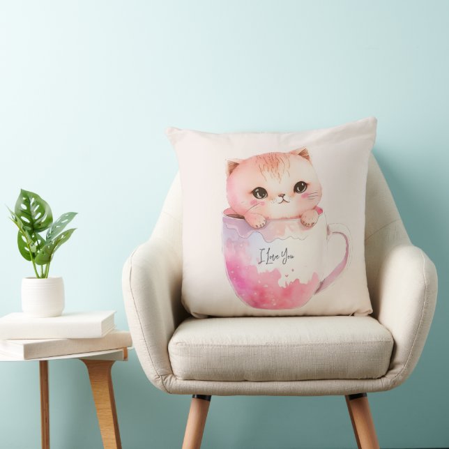 Cute White-Pink Cat in a Tea Cup (3) Cushion (Chair)