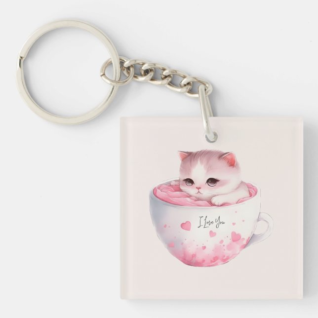 Cute White-Pink Cat in a Tea Cup (3) Key Ring (Front)