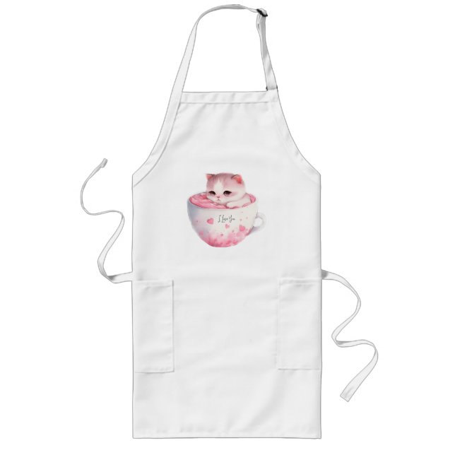 Cute White-Pink Cat in a Tea Cup (3) Long Apron (Front)