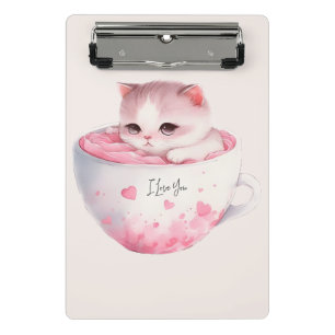 Cute White-Pink Cat in a Tea Cup (3) Mini Clipboard