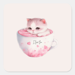 Cute White-Pink Cat in a Tea Cup (3) Square Sticker