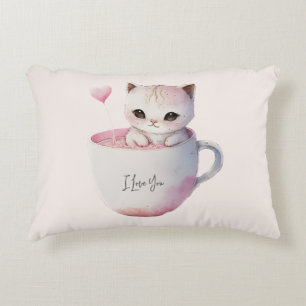 Cute White-Pink Cat in a Tea Cup (4) Decorative Cushion